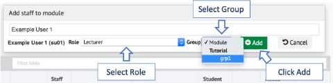 A screenshot of the second stage of the adding staff to a module functionality. Tags indicate where to select a role, to elect a group and highlighting the 'add' button.